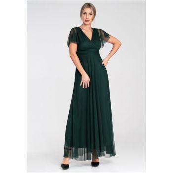 Rochie maxi  verde - plasa - cu maneci scurte - decolteu plic - pentru femei -