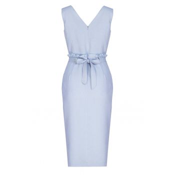 Rochie midi  albastra - cu curea - decolteu in V - din poliester -