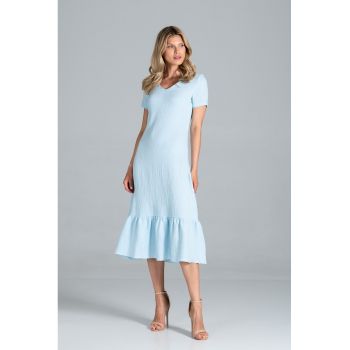 Rochie midi  albastru deschis - volane - maneci scurte - bumbac