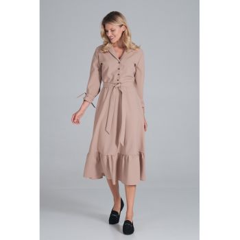 Rochie midi  bej cu curea - maneci lungi - poliester 100% -