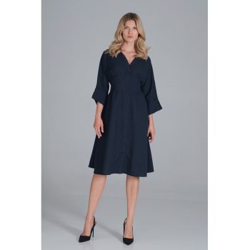 Rochie midi  bleumarin cu nasturi - maneci 3/4 - poliester -