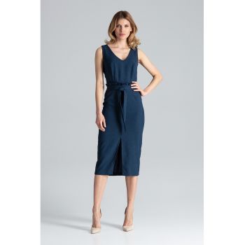 Rochie midi  bleumarin - decolteu in V - poliester
