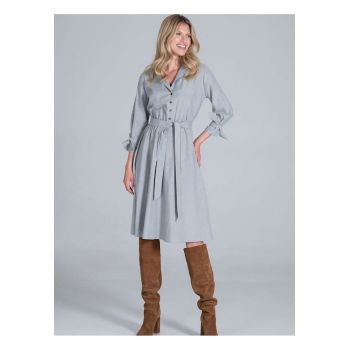 Rochie midi  de zi - gri - cu decolteu in V - maneci 7/8 - din bumbac si poliester