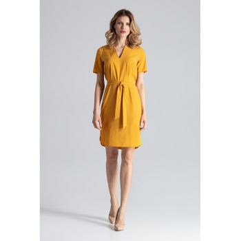 Rochie midi mustar  galben - maneci scurte - poliester -