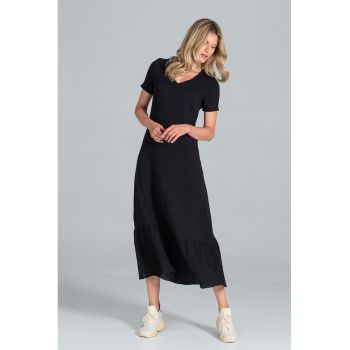 Rochie midi -  neagra - cu maneci scurte - bumbac