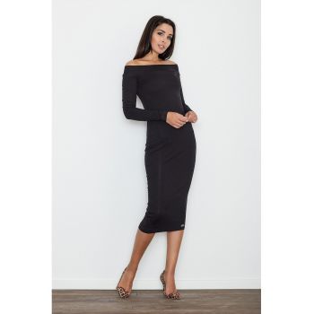Rochie midi  neagra - mulata - cu umeri goi - din viscoza si elastan -