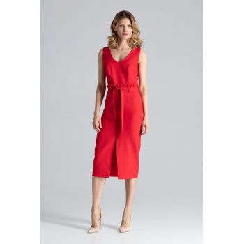 Rochie midi  rosie cu decolteu in V si curea - poliester 100%