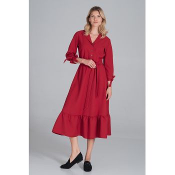 Rochie midi  rosie - poliester - cu curea - volane -