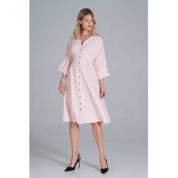Rochie midi -  roz - maneci 3/4 - pentru purtarea zilnica - poliester