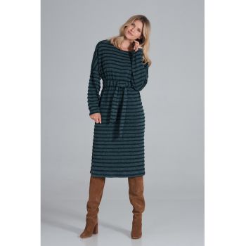 Rochie midi  verde cu dungi - tricotata - maneci lungi - poliester -