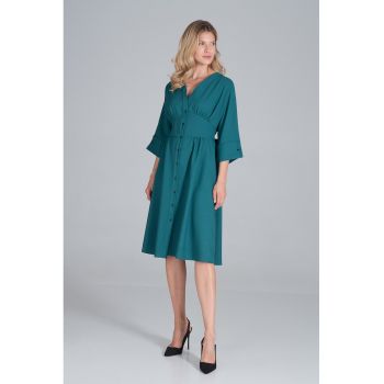 Rochie midi  verde - cu nasturi - maneci 3/4 - poliester -