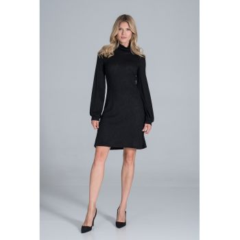 Rochie neagra  M831 - eleganta - cu maneci lungi bufante - 65% poliester - 30% viscoza