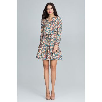 Rochie scurta florala  multicolor - cu maneci lungi - poliester si elastan