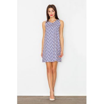 Rochie trapez  model geometric - poliester - albastru - alb -