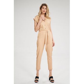 Salopeta dama -  eleganta - cu maneca scurta - legata in talie - bej - poliester -