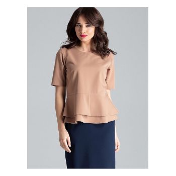 Bluza dama -  cu maneci scurte - decolteu semicircular - bascul dublu - maro - poliester 65% - viscoza 35% -