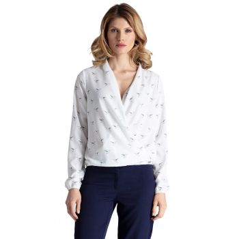 Bluza eleganta  M371 - imprimeu cu pasari - alb - poliester