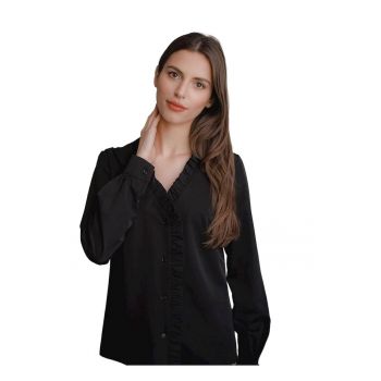 Camasa dama -  neagra - cu decolteu in forma de inima - garnitura cu volane - maneci lungi