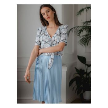 Fusta midi -  plisata - talie elastica - albastra - poliester -