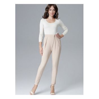 Pantaloni dama  bej - croiala larga - pliuri - elastan - poliester - viscoza -