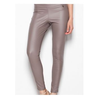 Pantaloni dama  eleganti - bej - imitatie de piele - cu fermoar lateral -
