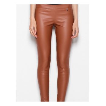 Pantaloni dama -  imitatie de piele - picioare subtiri - maro - poliester -