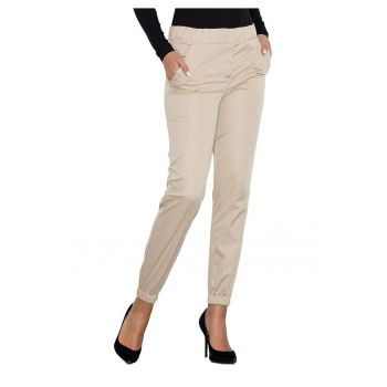 Pantaloni dama  M556 - bej - poliester/elastan - talie elastica - cu buzunare -