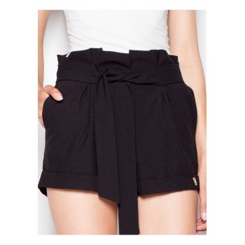 Pantaloni scurti dama  cu talie inalta - buzunare laterale - negru - poliester