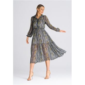 Rochie  evazata - guler gri - floral - poliester
