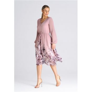 Rochie midi evazata -  roz - poliester