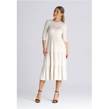 Rochie mulata  cu volane - bej - 3/4 - viscoza