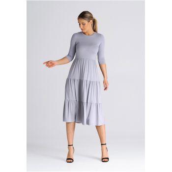 Rochie mulata  cu volane - maneci 3/4 - gri - viscoza