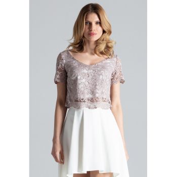 Set bluza si fusta  dantela - asimetrica - bej ecru - poliester 97% - elastan 3%