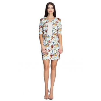 Set sacou si fusta  fusta mini - geaca scurta - alb cu flori -