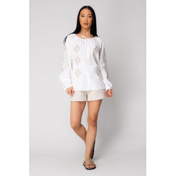 Camasa femei brodata cu maneca lunga Off White/Beige 16407
