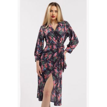 Rochie midi cu croiala petrecuta si slit frontal