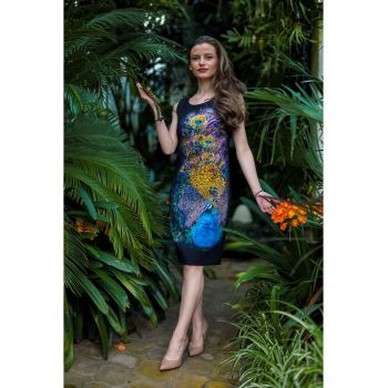 Rochie midi dreapta cu imprimeu cu paun