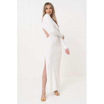 Rochie maxi cambrata cu slit lateral si decupaj pe spate