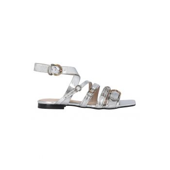 Sandale de piele cu barete multiple si aspect metalizat