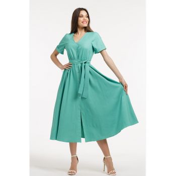 Rochie midi cu croiala evazata si cordon in talie