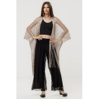 Poncho bej fango din plasa cu fir auriu si franjuri lungi