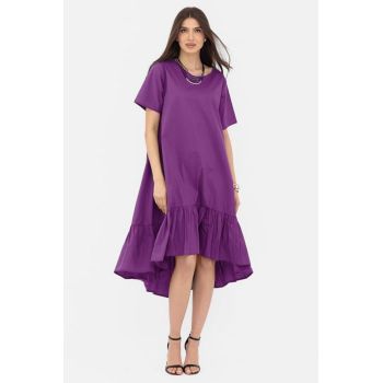 Rochie A-line din poplin, asimetrica, cu volan la baza, mov