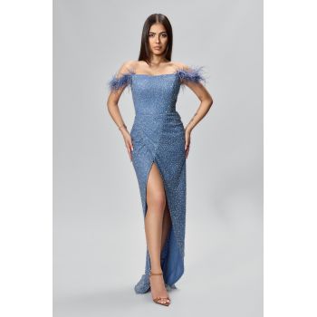 Rochie de ocazie premium cu strass-uri si model petrecut Qiara Indigo