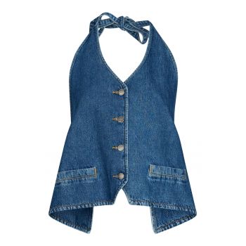 Top halter din denim cu decupaj adanc pe spate