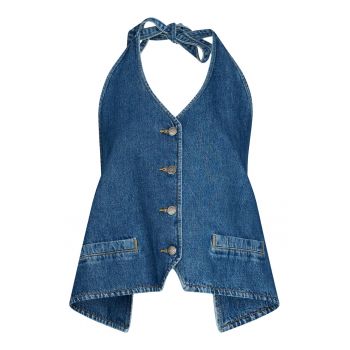 Top halter din denim cu decupaj adanc pe spate