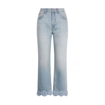 Blugi crop drepti cu terminatii brodate