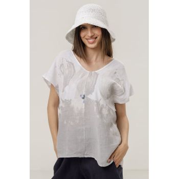Bluza din in oversize cu funda la spate si imprimeu floral stilizat pastel, pe fond alb