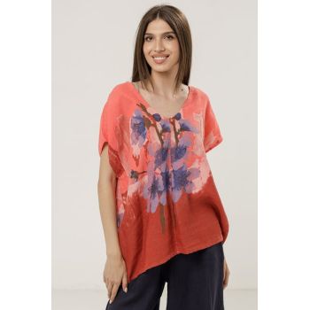 Bluza din in oversize cu funda la spate si imprimeu floral stilizat pastel, pe fond corai