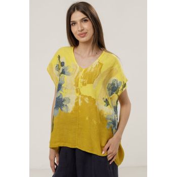 Bluza din in oversize cu funda la spate si imprimeu floral stilizat pastel, pe fond galben