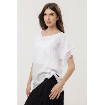Bluza din in oversize cu funda la spate si volan din matase, alba